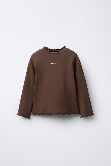 Zara RIBBED TOP WITH EMBROIDERED DETAIL - Chocolate brown