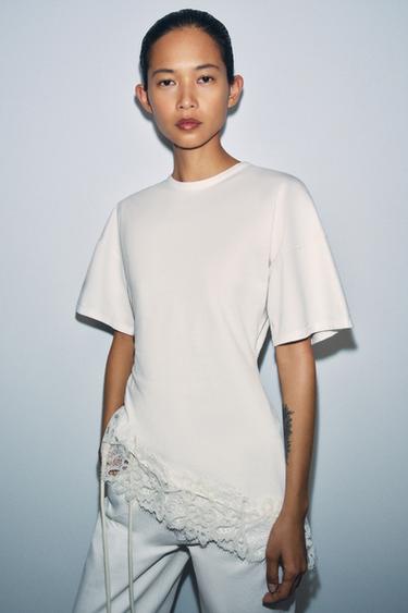 BLUZË HEAVY COTTON ME DANTELLË - E bardhë e thyer nga Zara