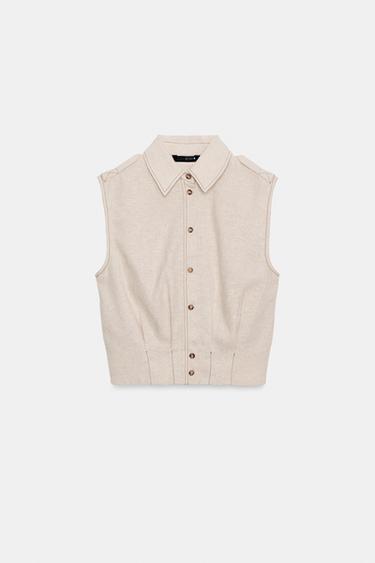 TOP EN LIN À SURPIQÛRES - Beige clair de Zara - Image 2