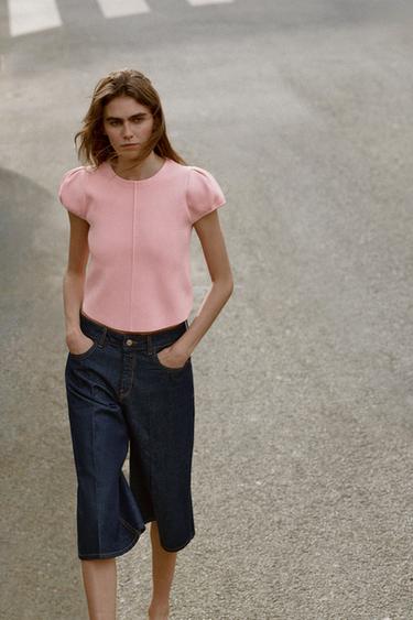 Zara PUFF SHORT SLEEVE KNIT TOP - Pink - Image 0