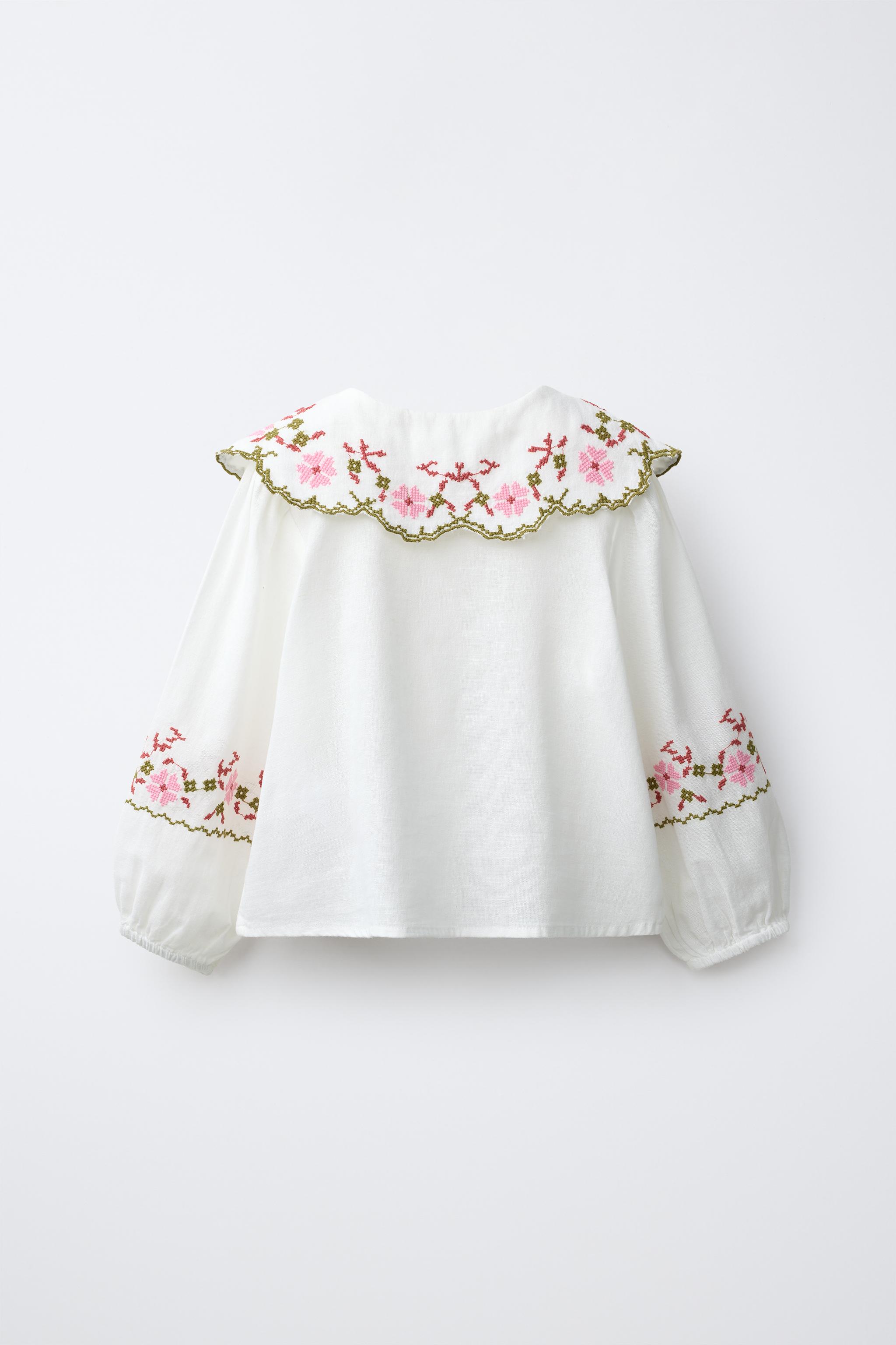 COTTON-LINEN CROSS-STITCH EMBROIDERED SHIRT — Ecru