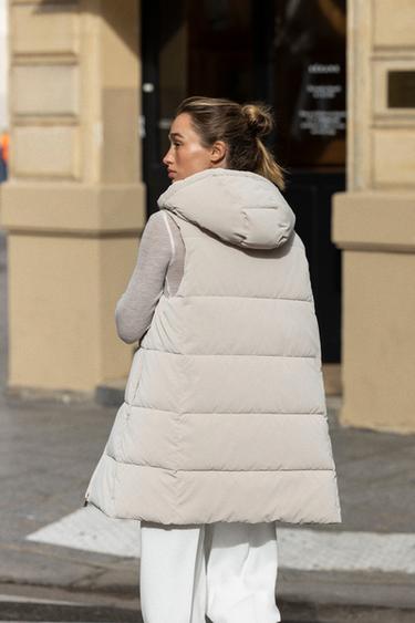 LONG QUILTED GILET WITH HOOD - Ecru by Zara - Image 5
