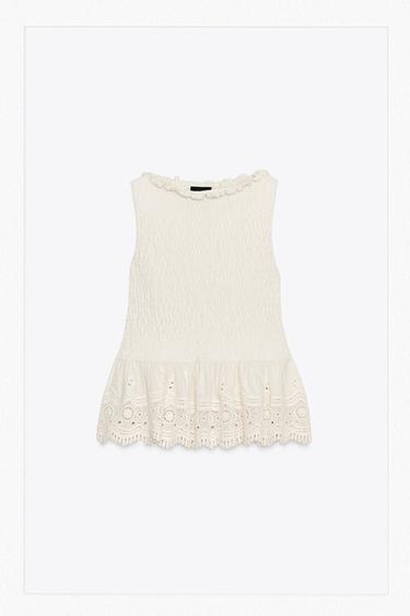 Zara ROMANTIC COMBINATION KNIT TOP - Ecru