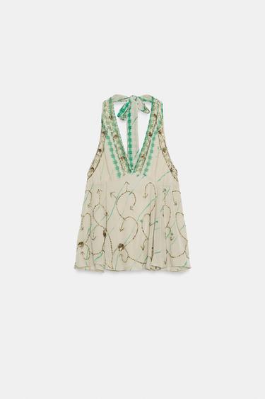 PRINTED EMBROIDERED HALTER TOP - Sea green by Zara
