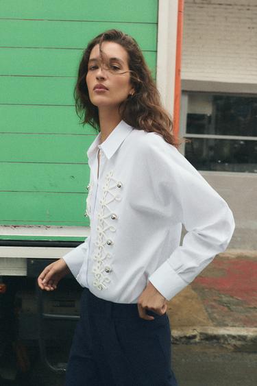 CAMISA POPELÍN ALAMARES - Blanco de Zara