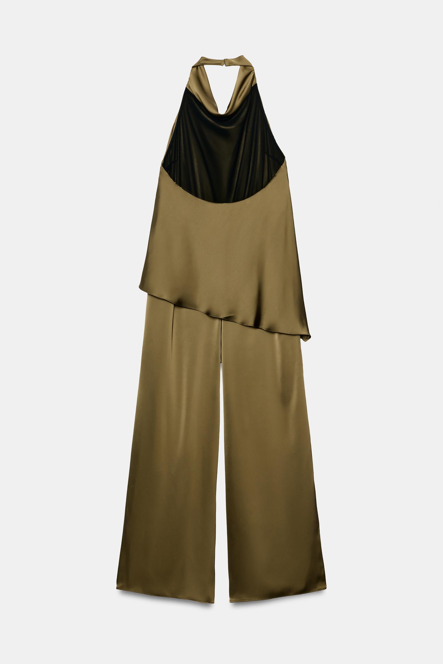 Женский комбинезон Zara Satin Halter Jumpsuit, цвет: Тёмный оливковый — фото 8