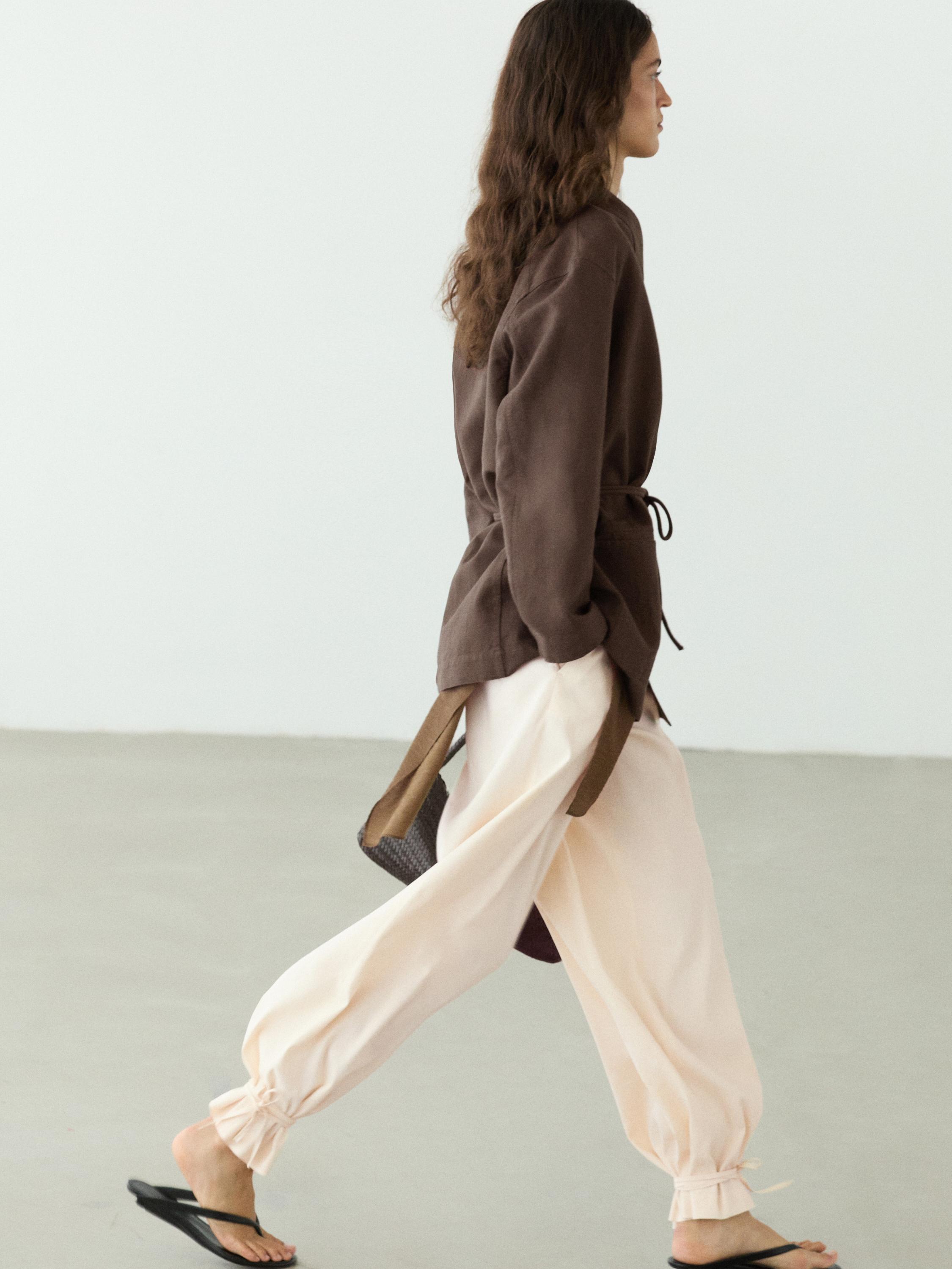 Linen blend kimono jacket with tie detail