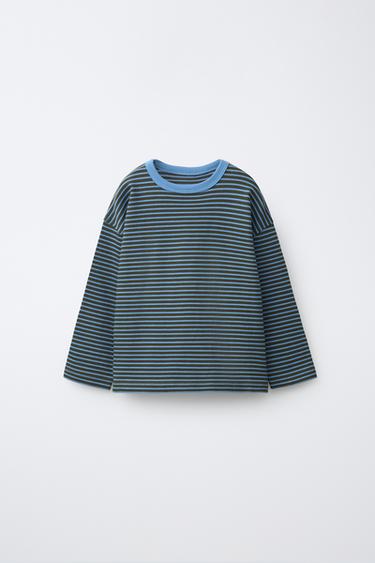 Zara HEAVY WEIGHT STRIPED T-SHIRT - Blue / Green