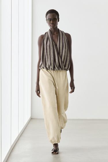 Zara Surplice top with striped detail - Brown - Image 0