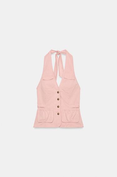 ТОП В ПОЛОСКУ С ГОРЛОВИНОЙ ХАЛТЕР И КАРМАНАМИ — БЛЕДНО-РОЗОВЫЙ от Zara