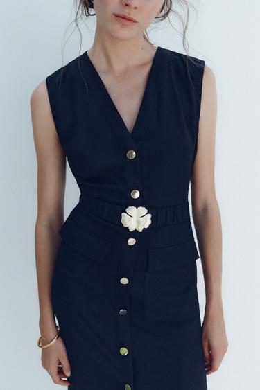 MIDI DRESS WITH LINEN BLEND BELT - Navy blue by Zara - Image 2