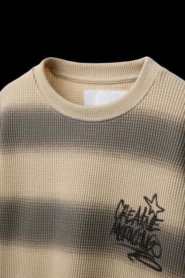 STRIPED WAFFLE-KNIT T-SHIRT - Sand by Zara