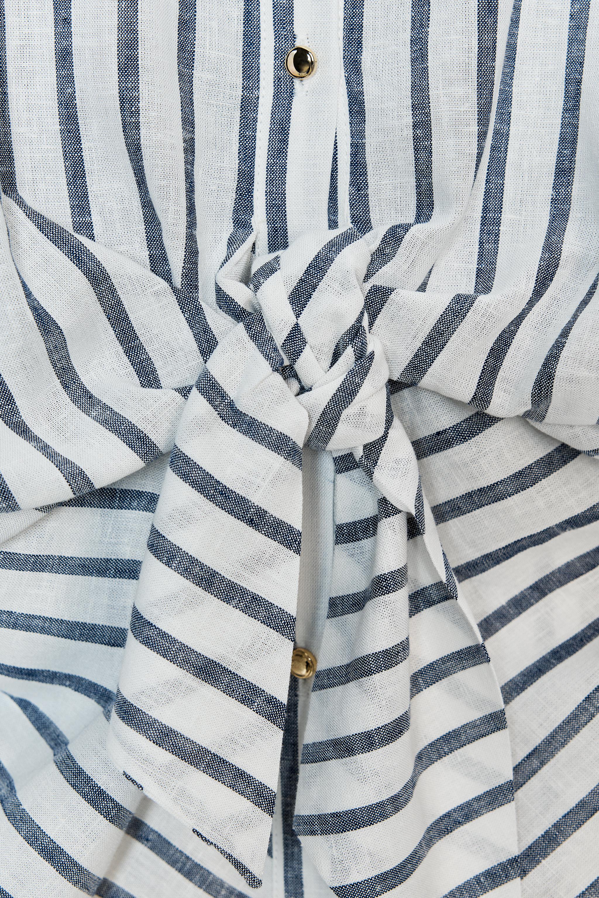 ZARA ストライプ　リネン　トップス コットン - リネン ストライプ柄Tシャツ - ストライプ | ZARA