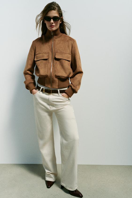 Zara FAUX SUEDE BOMBER JACKET - taupe brown - Image 0