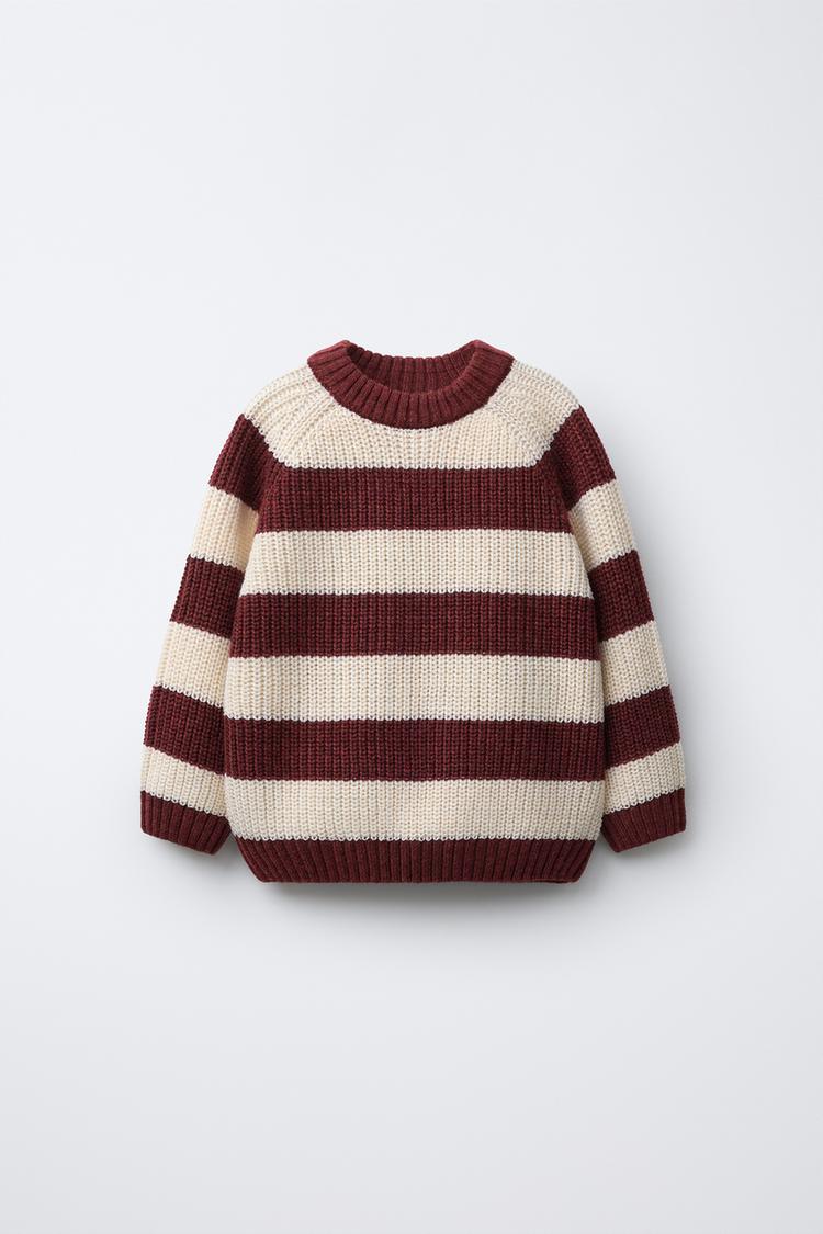 PULL EN MAILLE AVEC LAINE RAYURES Écru Grenat ZARA France