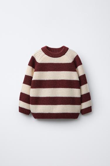 STRIPED WOOL KNIT SWEATER - Ecru / Maroon by Zara - Image 0