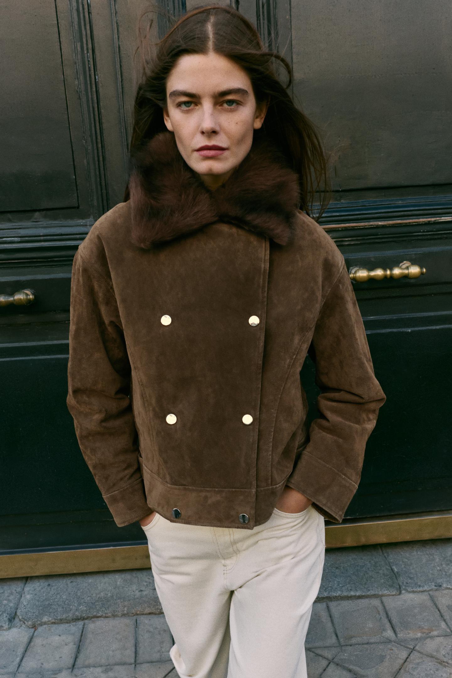 Женская куртка Zara 100% Leather Padded Jacket with Faux Fur Collar, цвет: Тёмный коричневый — фото 2