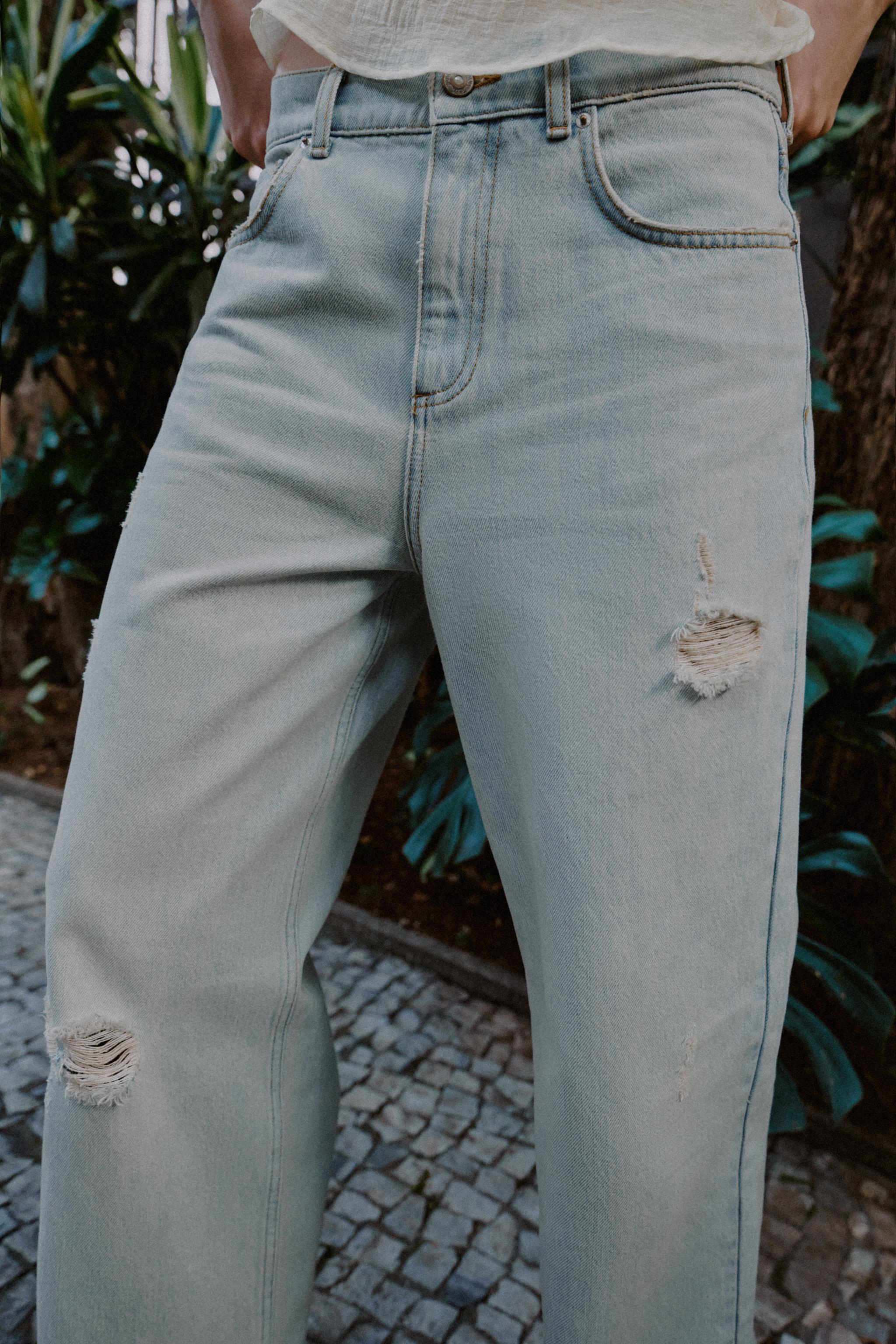 JEANS Z1975 STRAIGHT CINTURA MÉDIA RASGOS - Azul-claro | ZARA Brasil