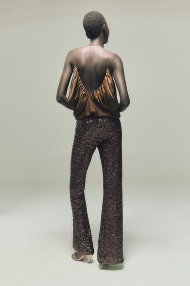 Zara FLARE SEQUIN LEGGINGS - Copper