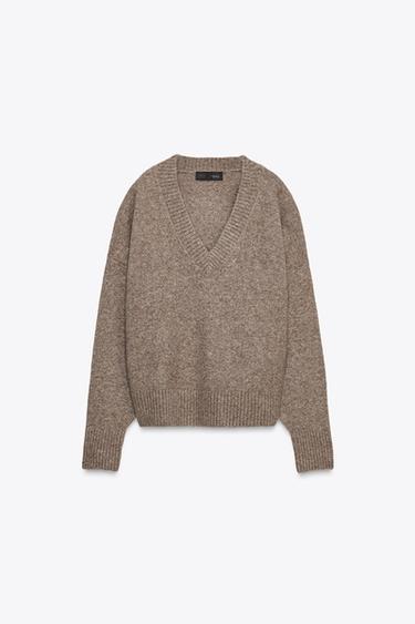 Zara SOFT V-NECK KNIT SWEATER - Mink marl