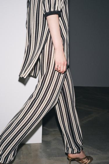 GESTREIFTE HOSE MIT LEINEN UND BÜNDCHEN - Cremefarben / Schwarz von Zara