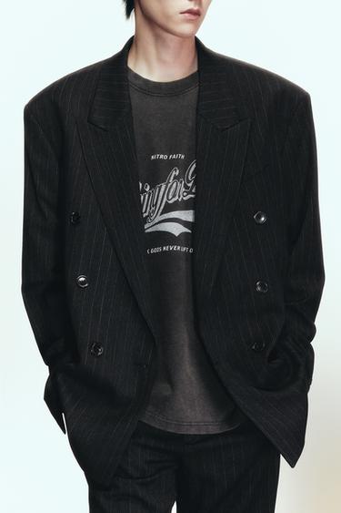 Zara 格紋雙排扣西裝外套 - 條紋