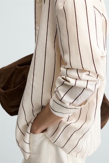 Zara MODAL BLEND STRIPED SHIRT - Beige