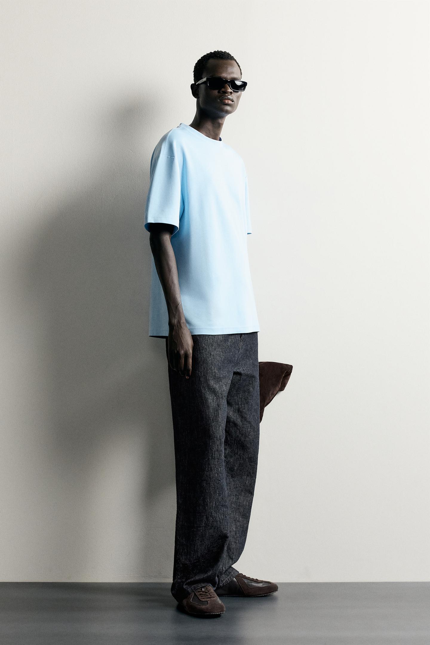 Мужская футболка Zara Relaxed Fit Contrast Patch, цвет: Светлый синий — фото 4