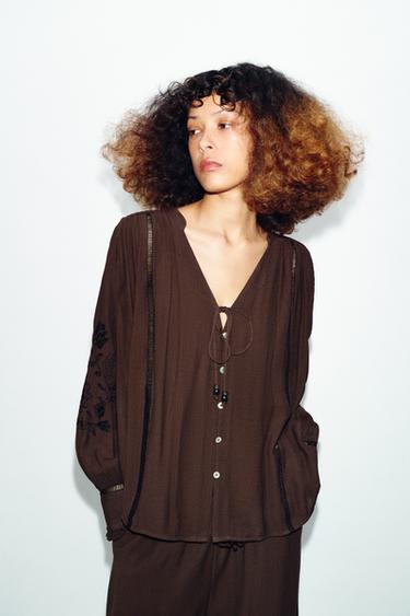 EMBROIDERED LACE TRIM SHIRT - Brown by Zara - Image 1
