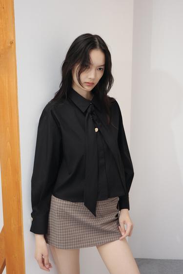 POPLIN SHIRT WITH TIED DETAIL - Black by Zara