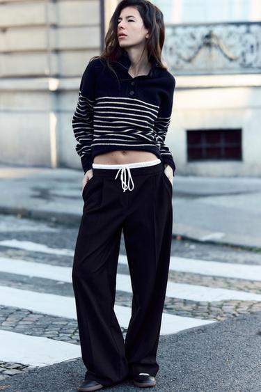 WIDE-LEG TROUSERS WITH DOUBLE WAISTBAND - Black by Zara