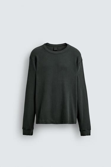 Zara WAFFLE WEAVE T-SHIRT - Washed green