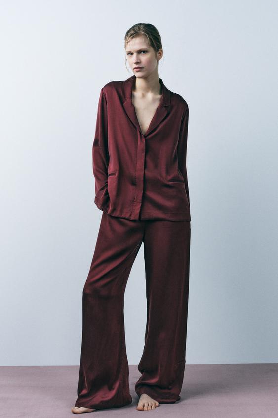 Piama Zara Pajama Set CELANA PANJANG PIAMA SUTRA Merah Marun ZARA - Main Image