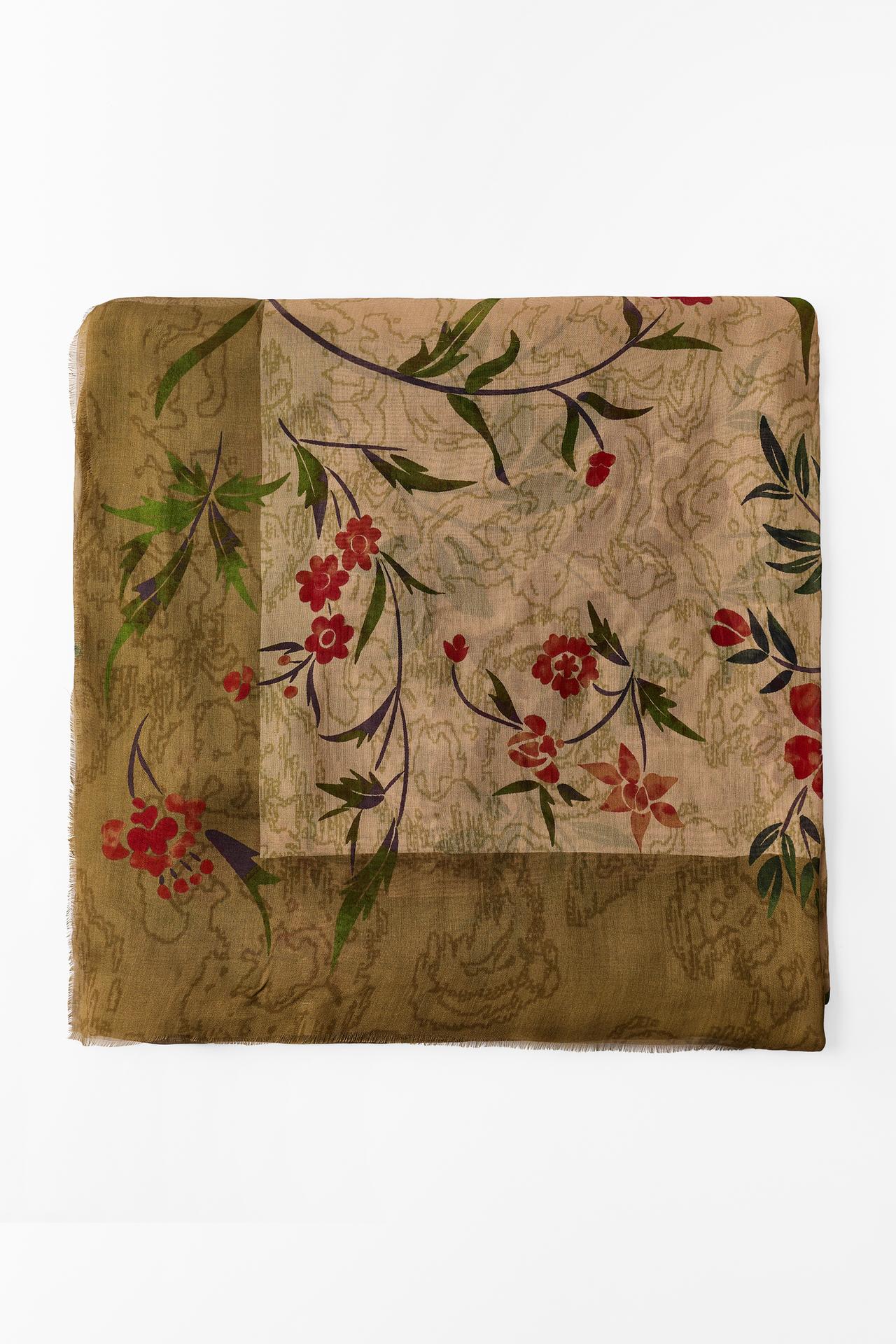 FLORAL PRINT MODAL SILK SCARF — Ecru