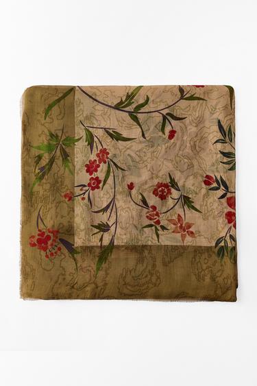 FLORAL PRINT MODAL SILK SCARF — Ecru 1