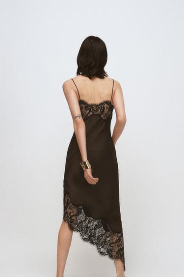 ZW COLLECTION ASYMMETRIC LACE SATIN DRESS - Black / Brown by Zara