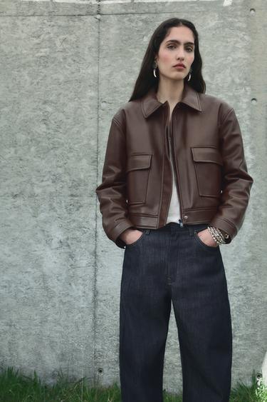 Zara FAUX LEATHER JACKET WITH POCKETS - Brown