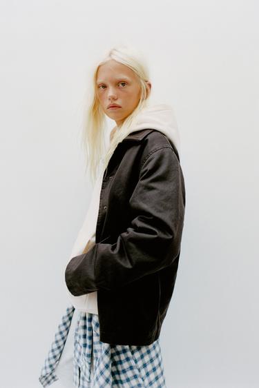 Zara WAXED JACKET WITH FAUX LEATHER COLLAR - Brown
