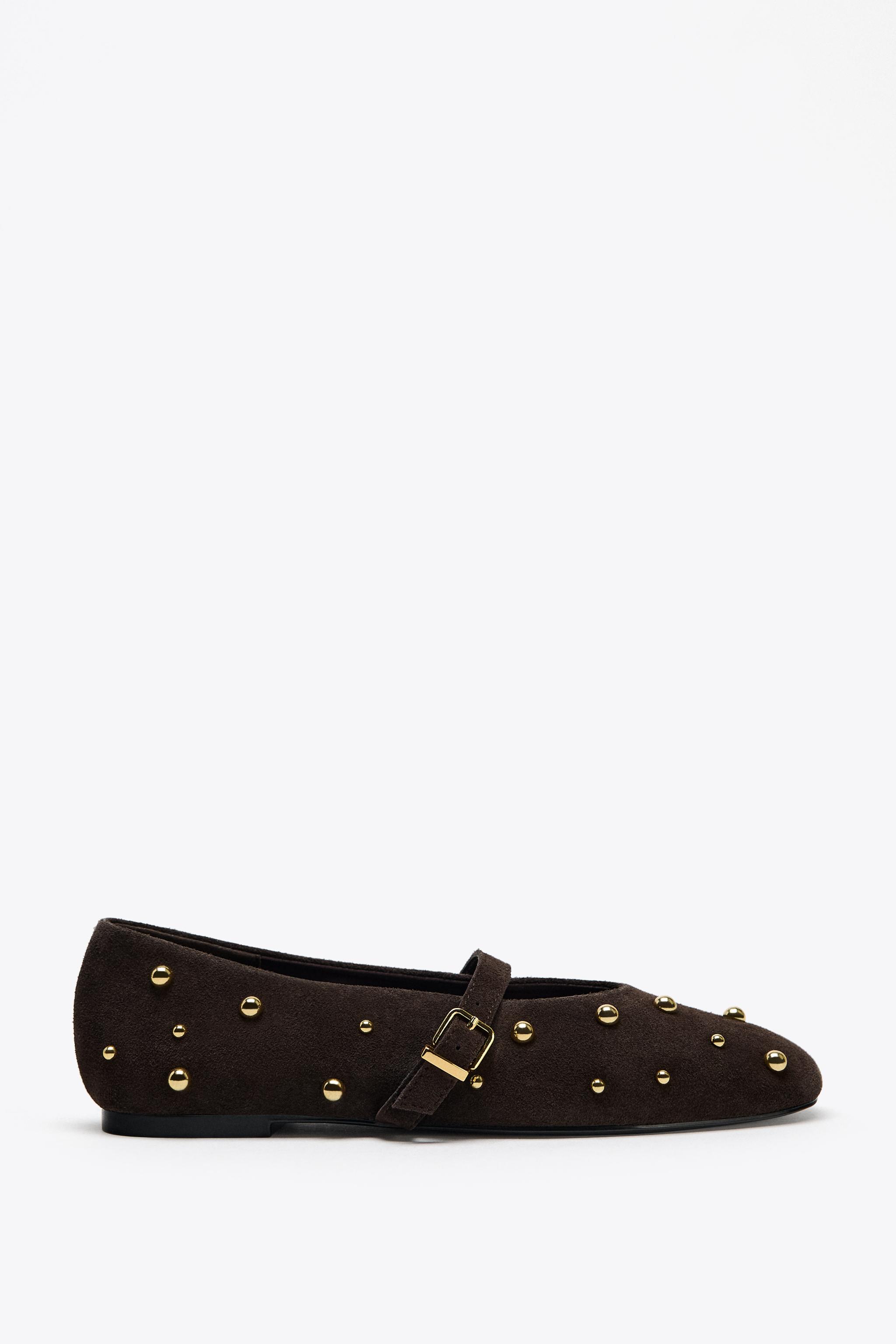 ZARA レリーフ加工 スタッズ付きバレリーナシューズ40(26cm)1足新品 バレエ フラット スニーカー - ブラック | ZARA Japan / 日本