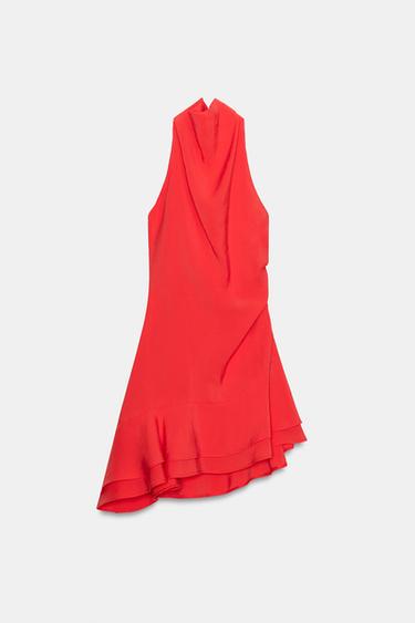 ASYMMETRIC HALTER SHORT DRESS - Red / Coral by Zara - Image 0