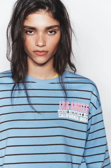 STRIPED T-SHIRT WITH SLOGAN - Blue by Zara - Image 3
