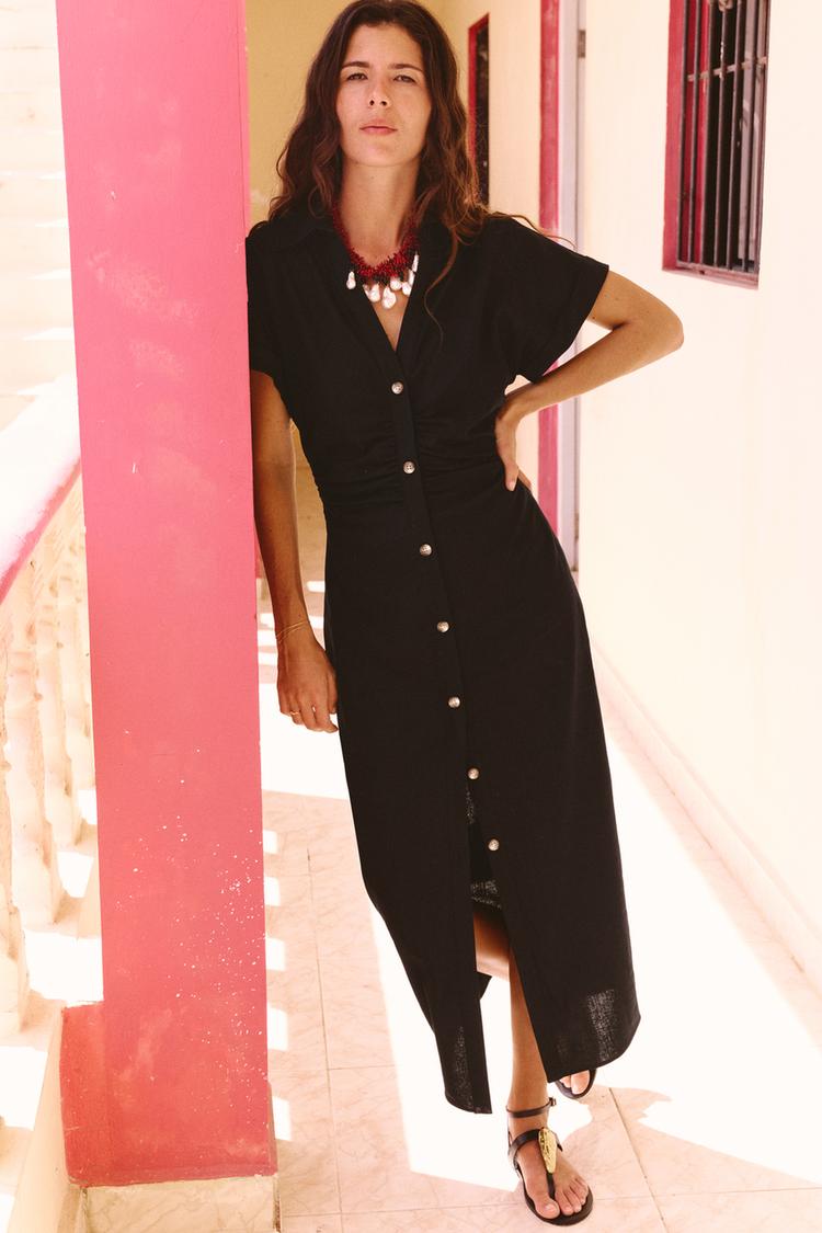 Button Down Black Midi Linen Dress Urban Outfitters Emilia Black