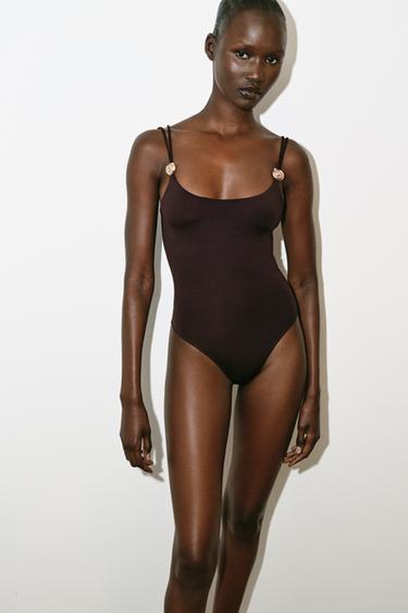 Zara POLYAMIDE SHELL BODYSUIT - Dark brown