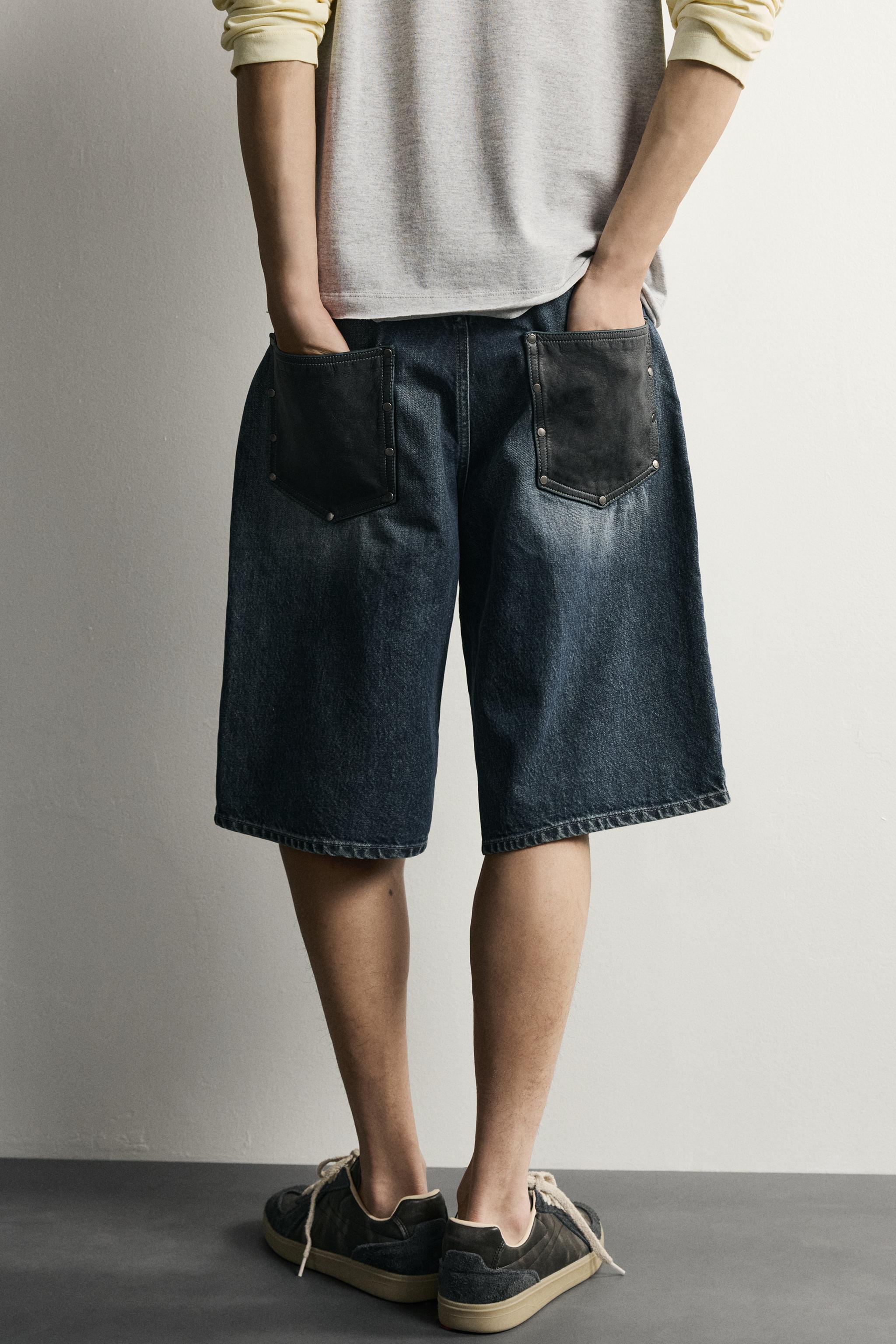 Мужские шорты Zara BAGGY FIT DENIM SHORTS WITH LEATHER POCKETS — фото 6