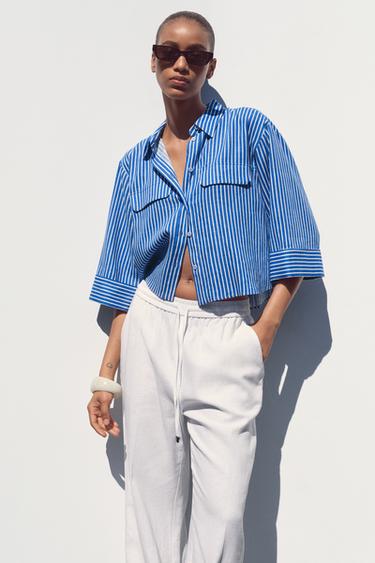 CHEMISE RAYURES AVEC LIN - Bleu / Blanc de Zara