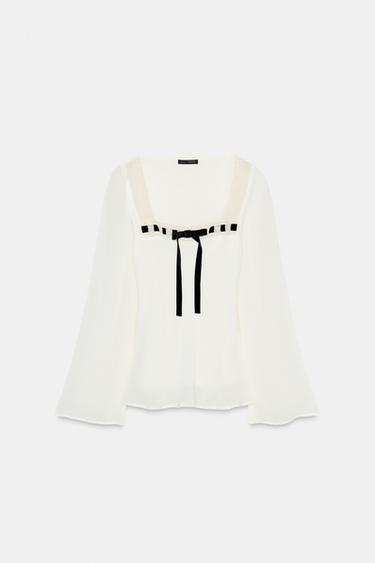 CHEMISE EN CRÊPE GEORGETTE AVEC DENTELLE ET NŒUD - Écru de Zara - Image 5