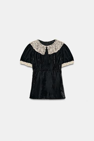 VELVET CROCHET BOW SHIRT - Black by Zara