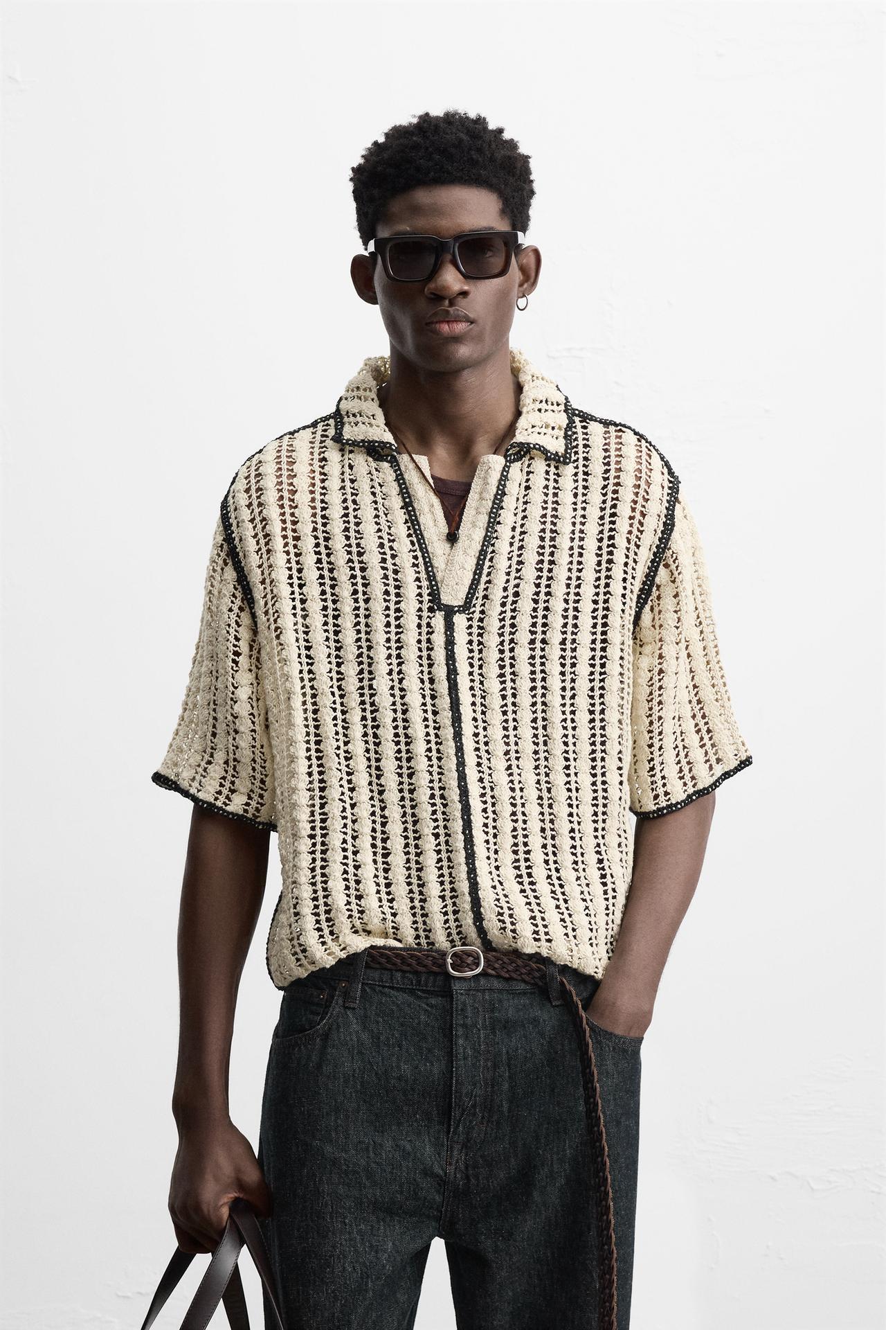 Zara CROCHET TEXTURED POLO SHIRT - Black / White