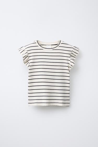 Zara STRIPED RUFFLE RIBBED TOP - Striped