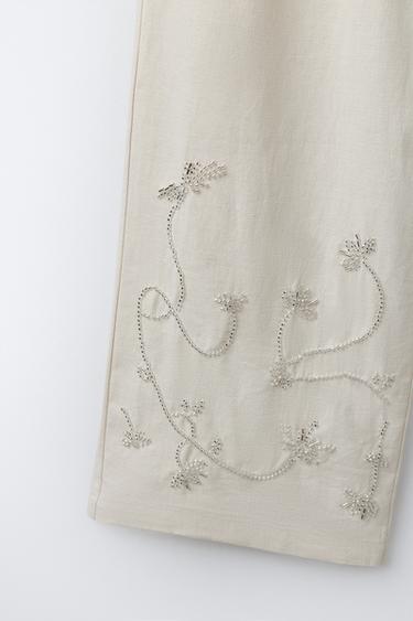 WIDE-LEG BEADED TROUSERS WITH LINEN AND COTTON - Sand by Zara - Image 3